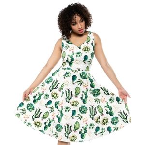 New Retro Cactus Print Cotton Cocktail Dress- XL